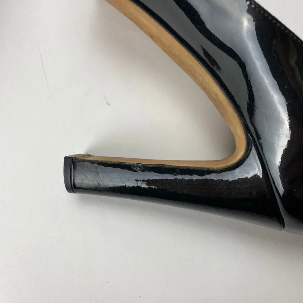 CHANEL Patent Silver Name Plate Chrome Logo Cap Toe Black Chunky Pumps Size 37.5
